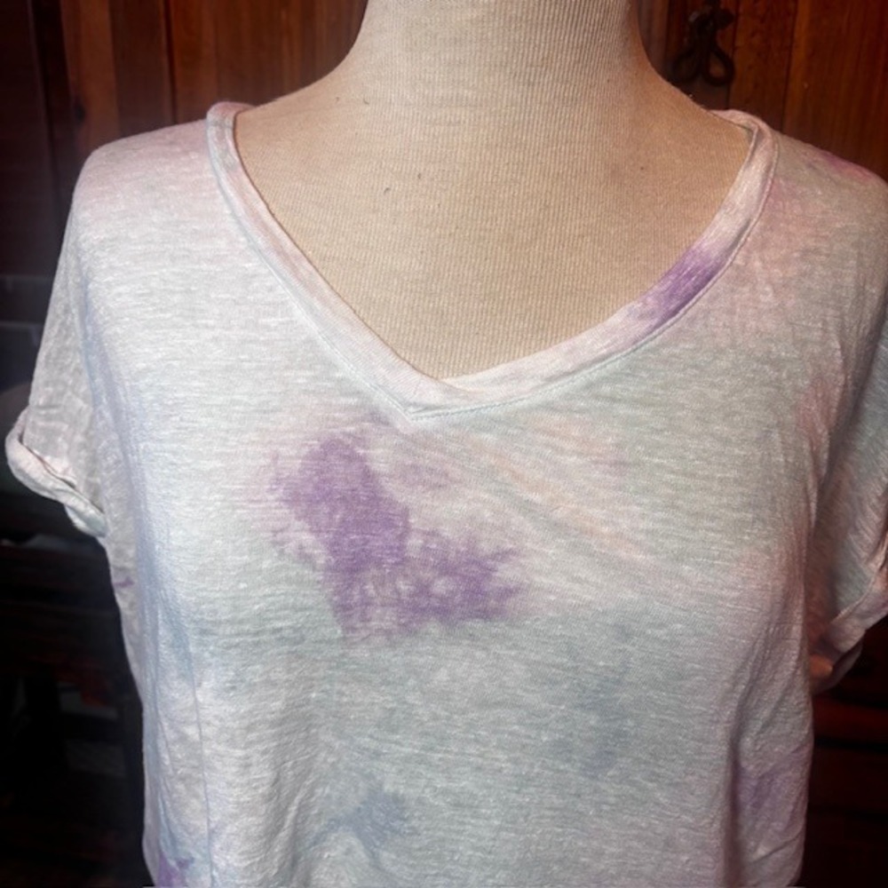 Cynthia Rowley Linen Blend Tie Dye V Neck Short Sleeve Tee Top Women's L